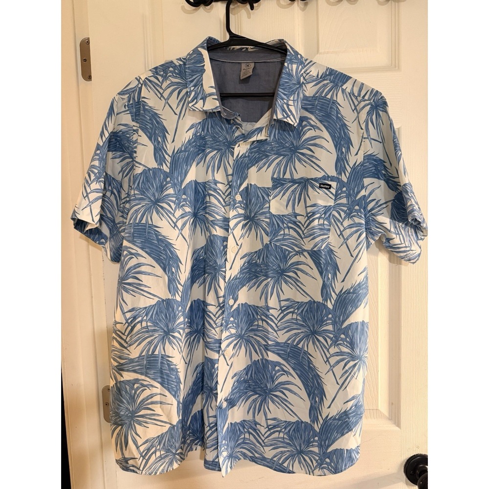 Hurley Men's button-Down Short Sleeve‎ Shirt, Blue White Palm Tree Surfer XL